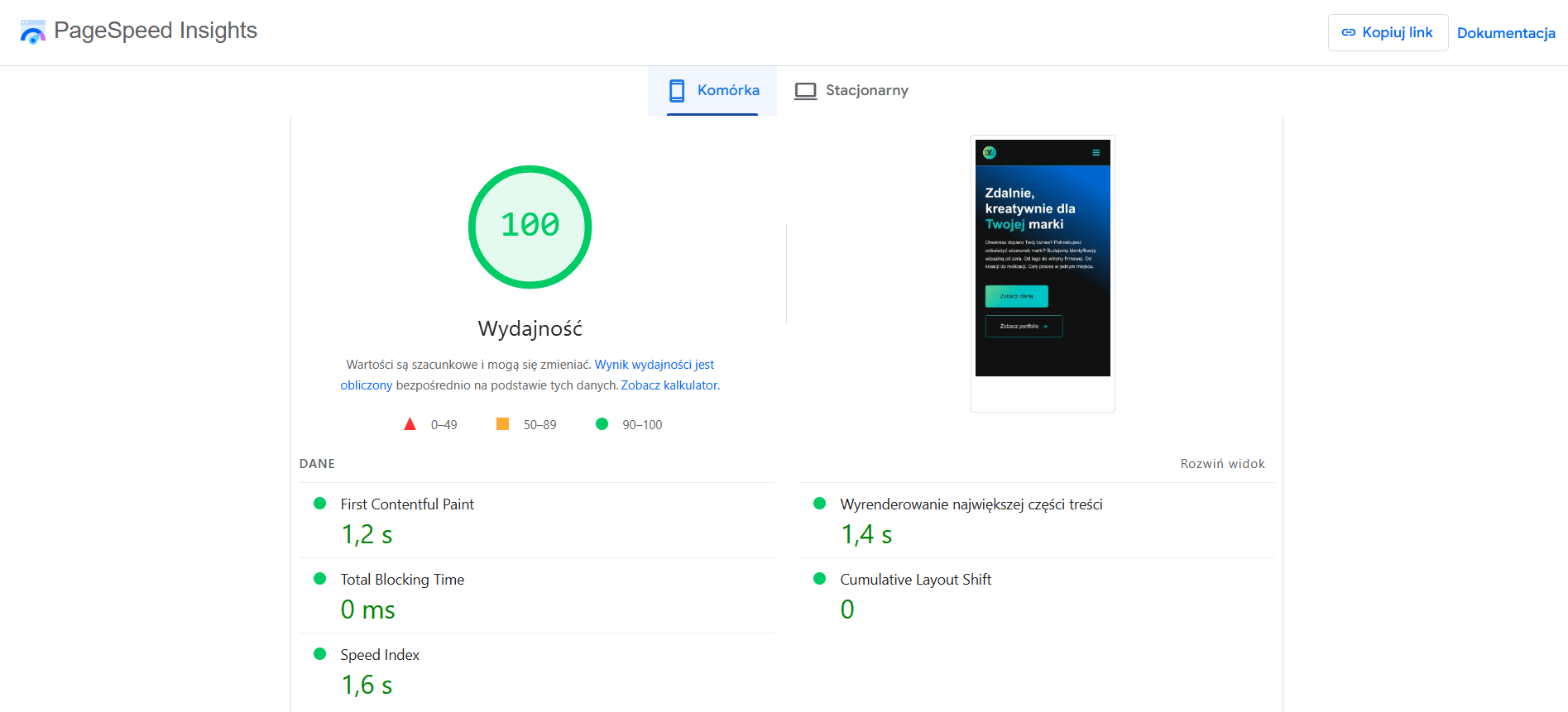 Wyniki wydajności audytu na urządzenia mobilne.