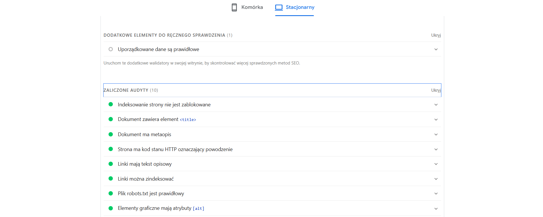 Google PageSpeed Insights | Lista zaliczonych audytów